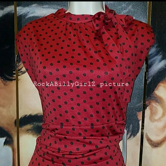 Lindy Bop Dottie Retro 1940's Red w Black Polka Dots Tea Dress w Tied Bow Collar - Picture 2 of 8